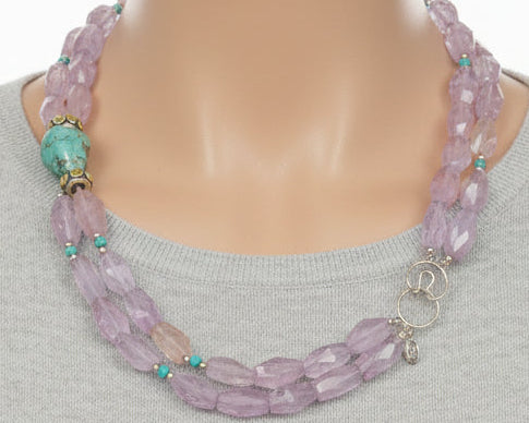 Vintage Amethyst and Turquoise 2-Strand Necklace Signed Hassand Bounkit