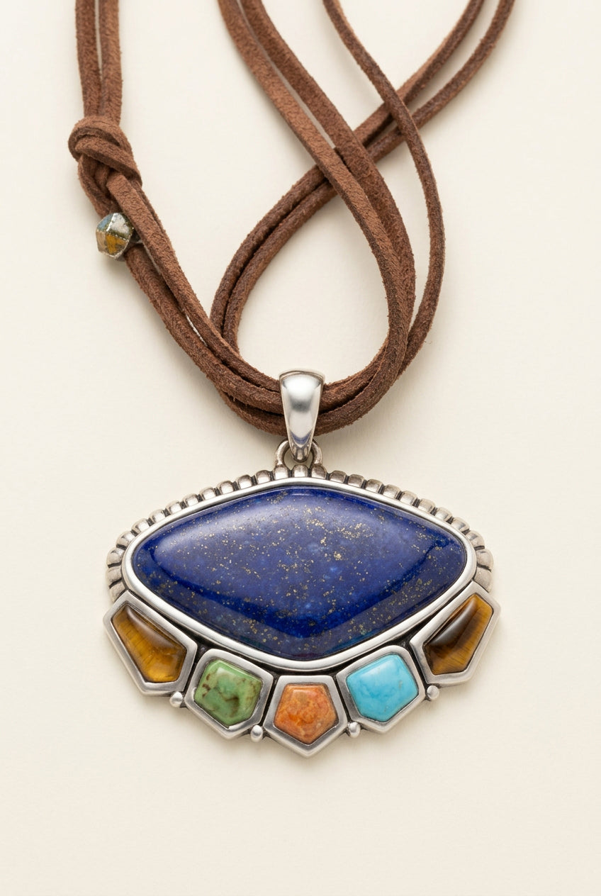 Front of Barse pendant with blue centerpiece and five multicolor accents on tan cords