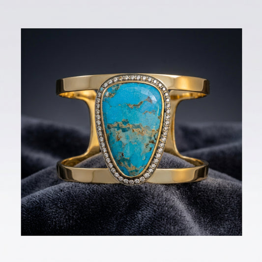 Front view of blue matrix-patterned cabochon openwork cuff bracelet
