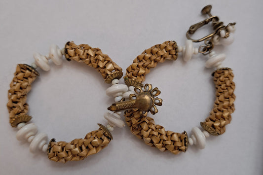 Miriam Haskell Woven Wicker & White Glass Bead Hoop Earrings