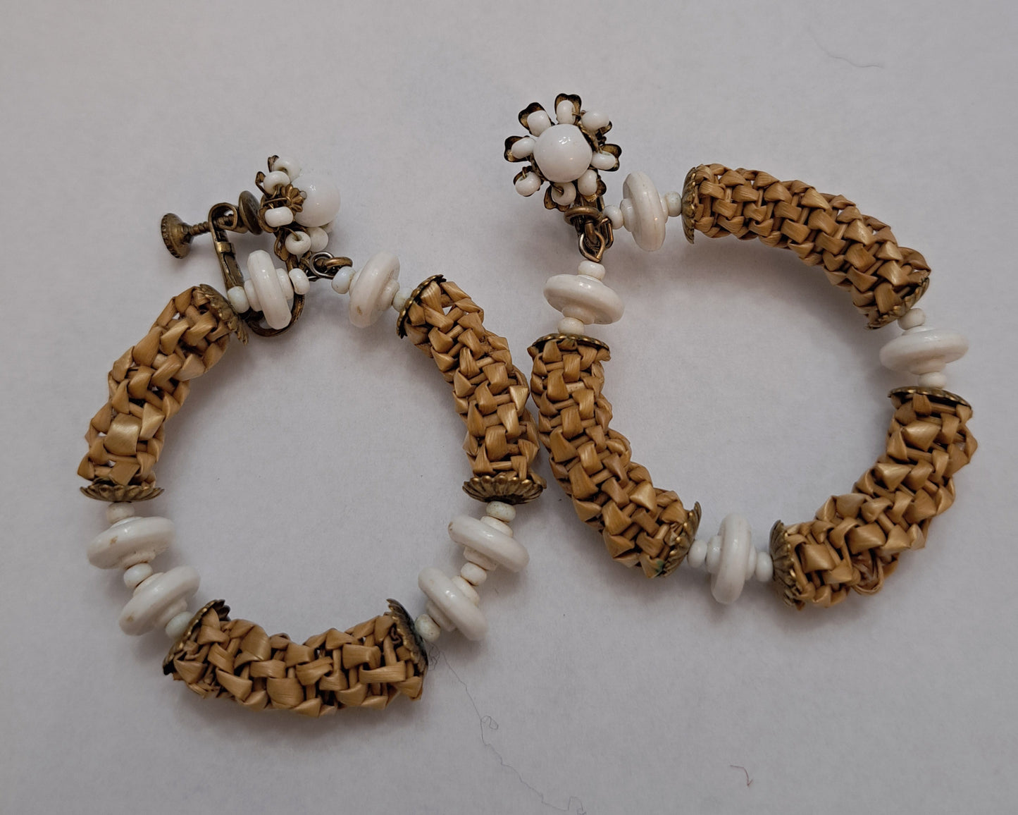 Miriam Haskell Woven Wicker & White Glass Bead Hoop Earrings