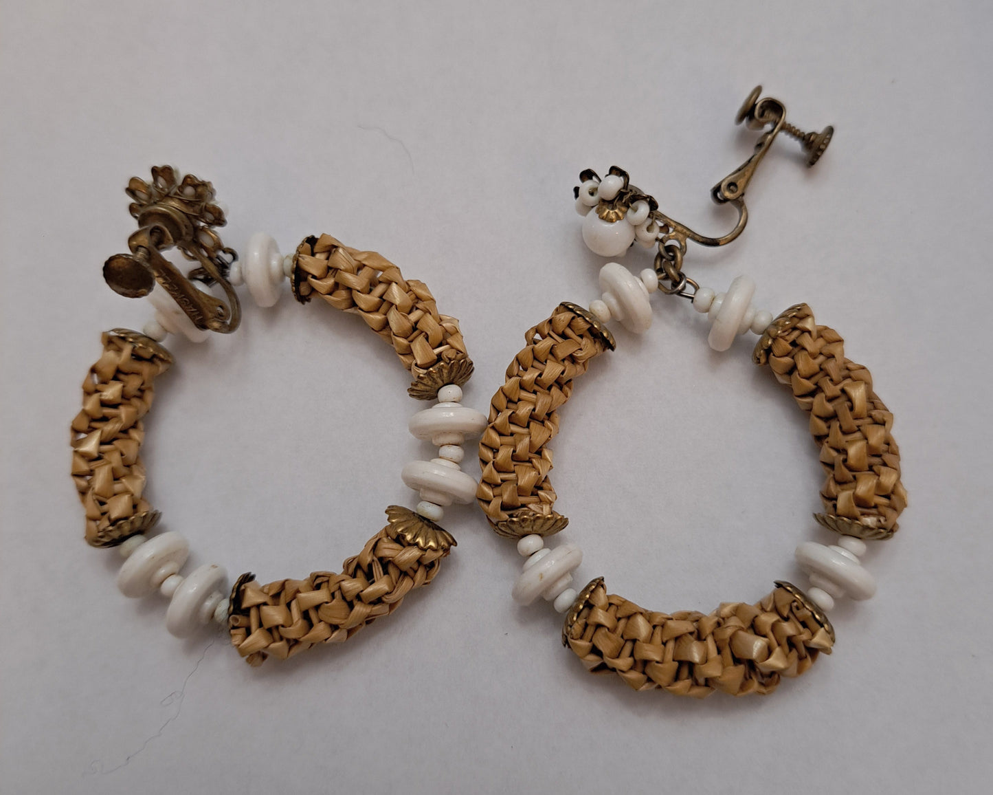 Miriam Haskell Woven Wicker & White Glass Bead Hoop Earrings