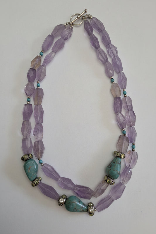 Vintage Amethyst and Turquoise 2-Strand Necklace Signed Hassand Bounkit