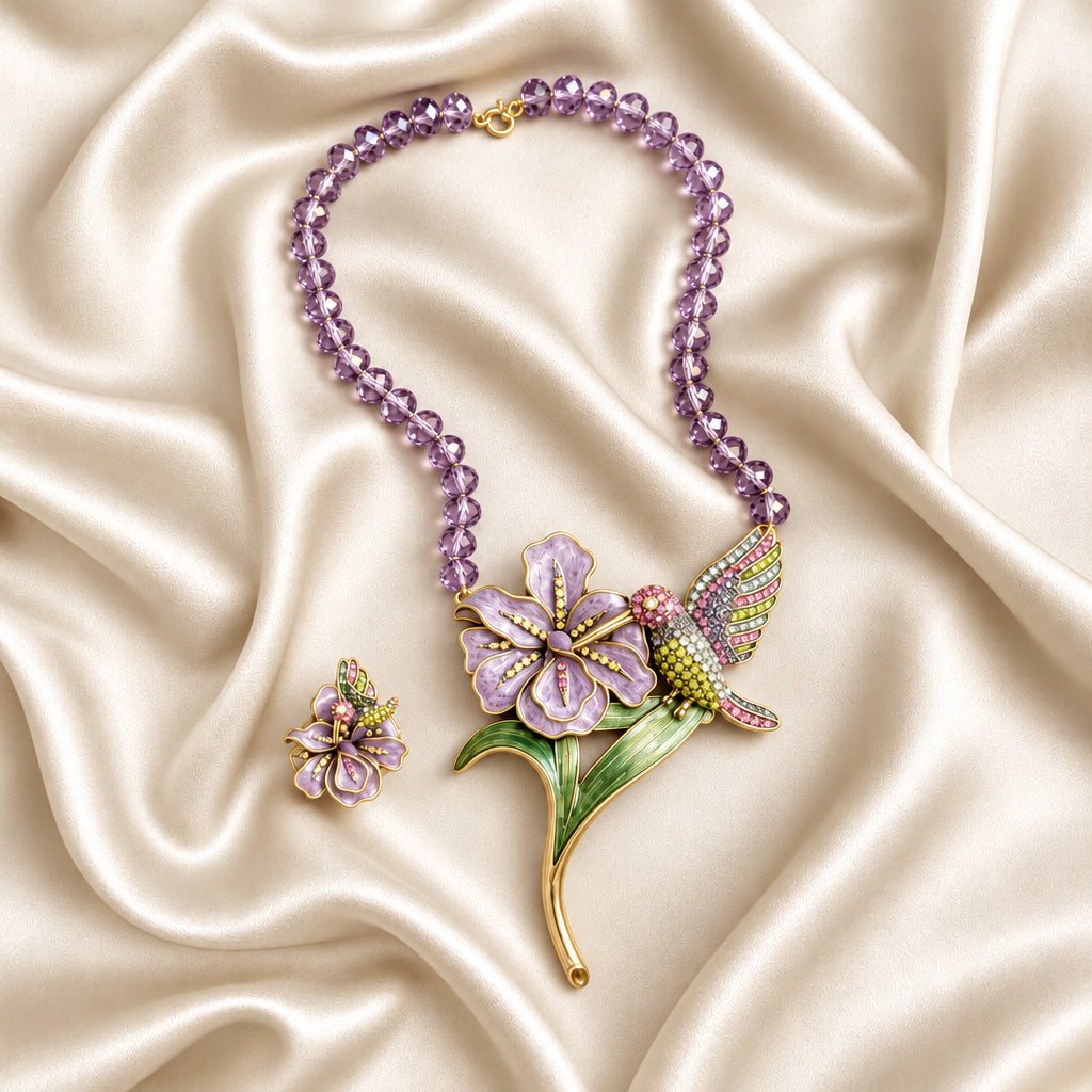 Heidi Daus floral necklace and ring with green enamel and crystal details