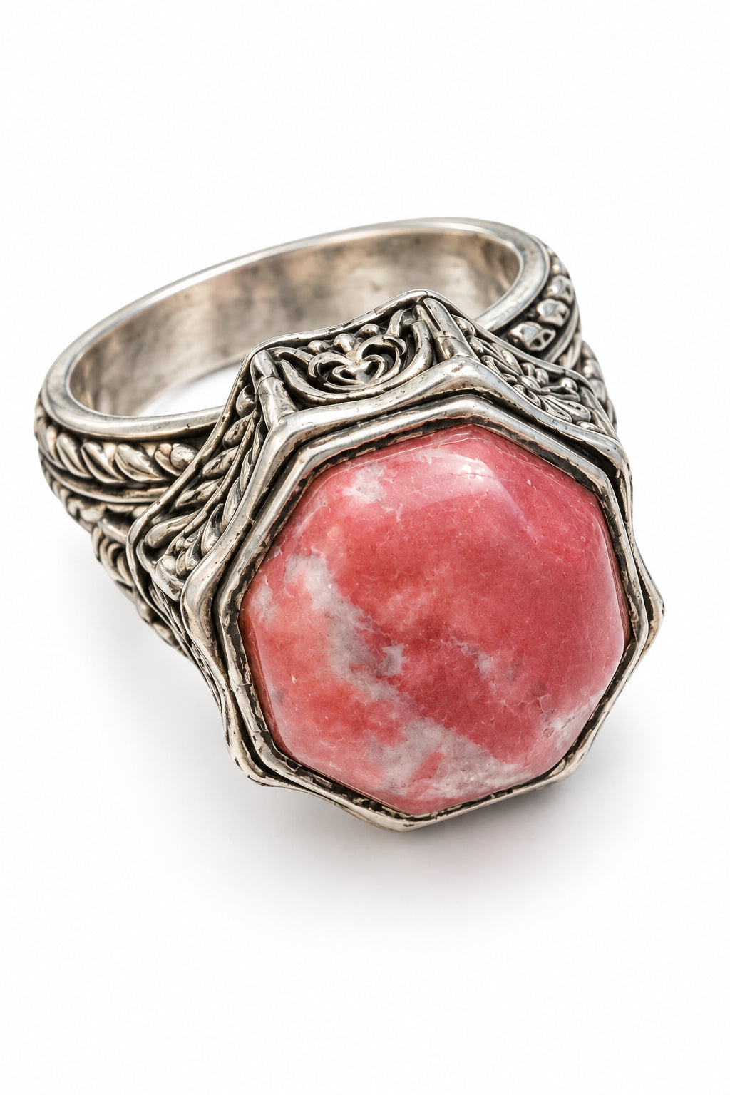 Front view of Barse pink rhodonite shield-inspired sterling silver ring