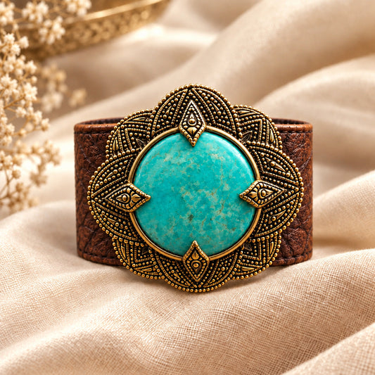 Front view of Barse turquoise rosette leather cuff