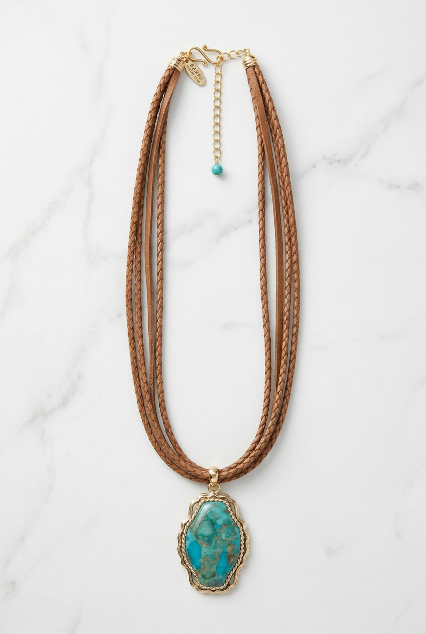 Front view of Barse blue matrix pendant necklace with brown braided and flat cords