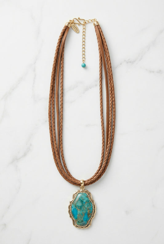 Front view of Barse blue matrix pendant necklace with brown braided and flat cords