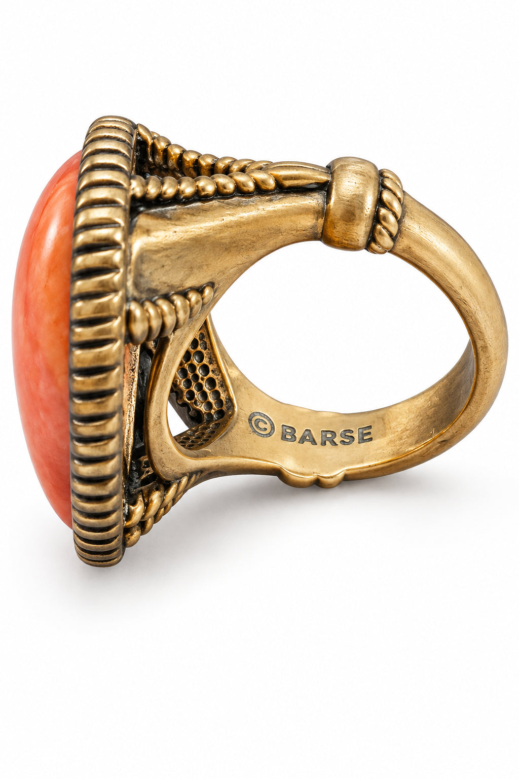 Orange Sponge Coral Triangular Bronze Ring signed Barse