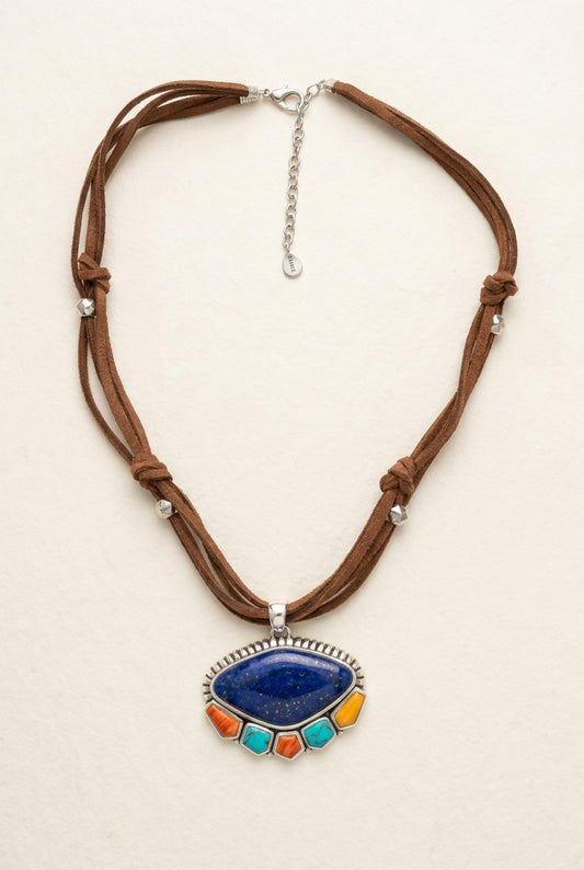 Full tan multi-cord necklace showing pendant, lobster clasp, and extension chain