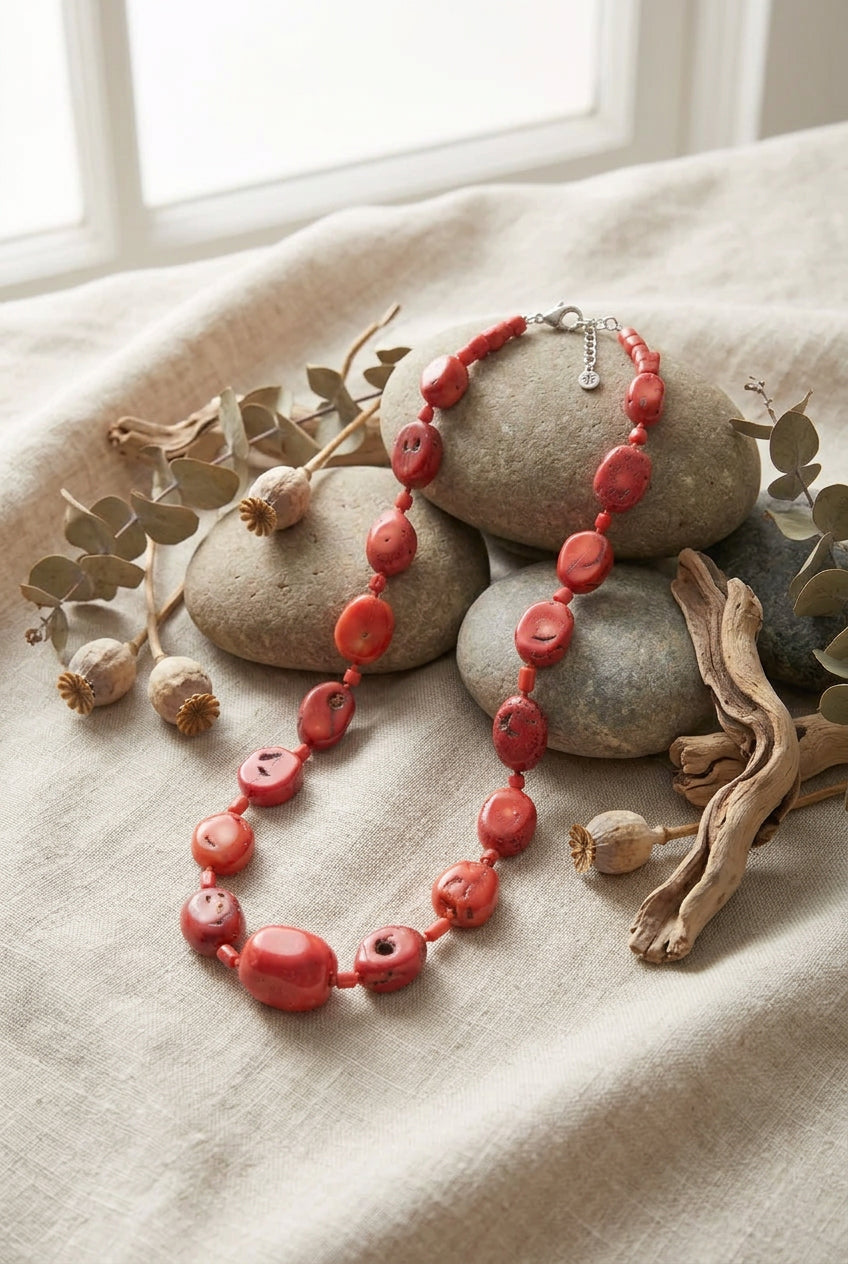 Full length view of red beaded necklace with silver-tone clasp and extension chain