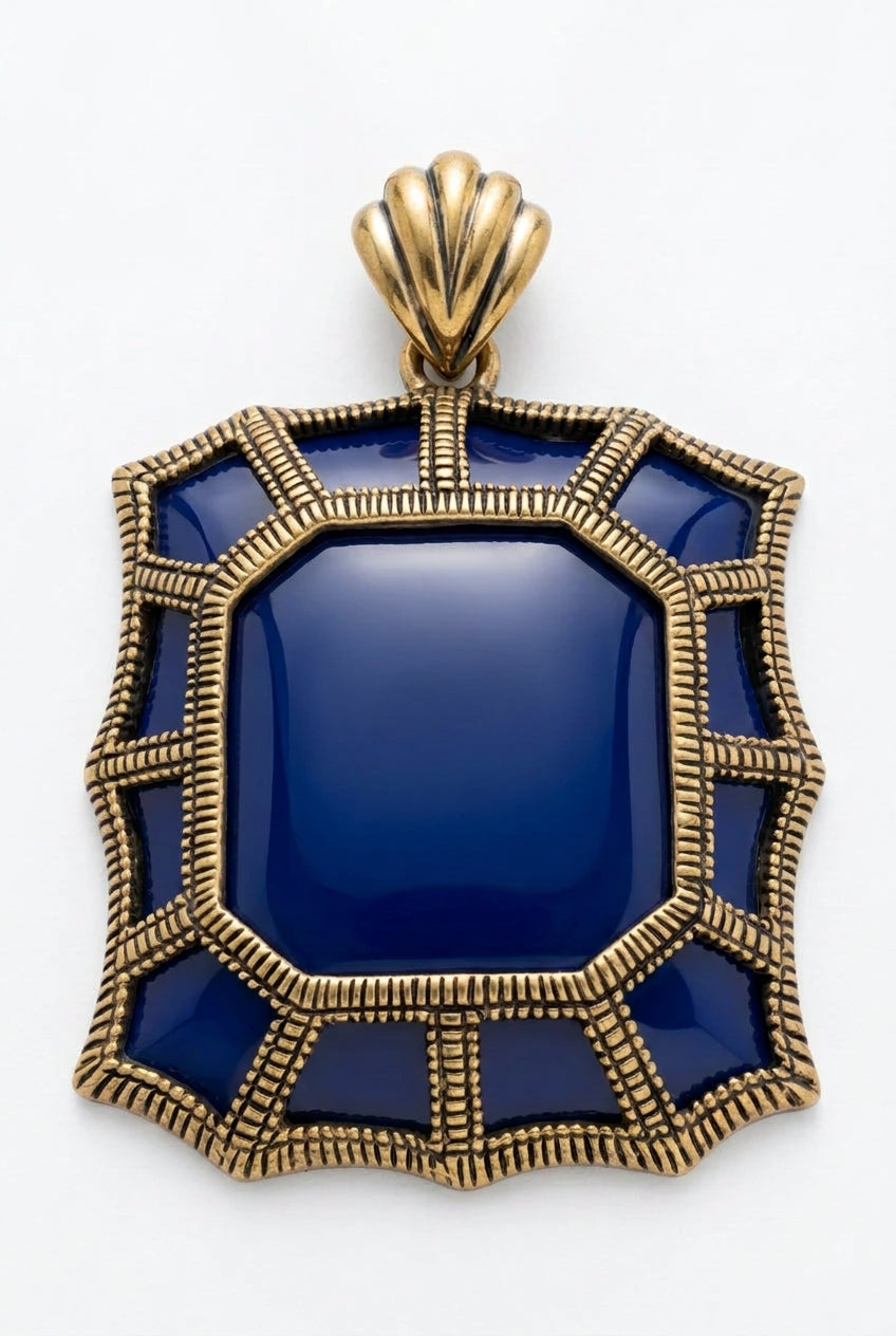 Front of blue Barse pendant with segmented gold-tone frame and fan-shaped bail