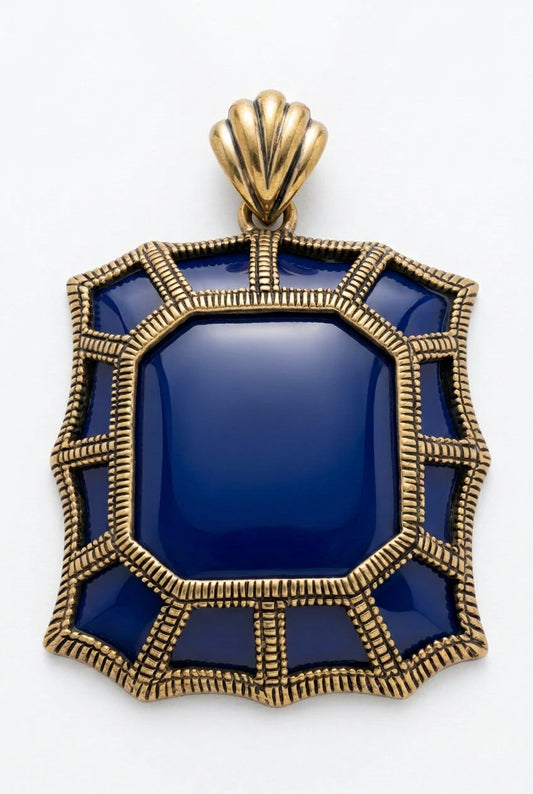 Front of blue Barse pendant with segmented gold-tone frame and fan-shaped bail