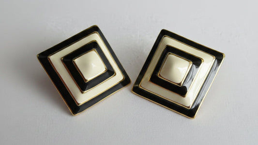 Joan Rivers Black and White Square Gold Tone Clip Earrings