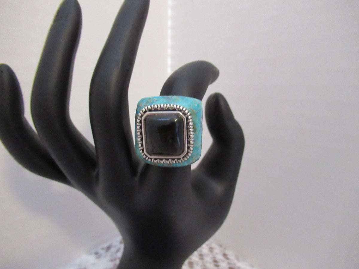Blue Turquoise & Black Onyx Statement Ring 925 signed Barse