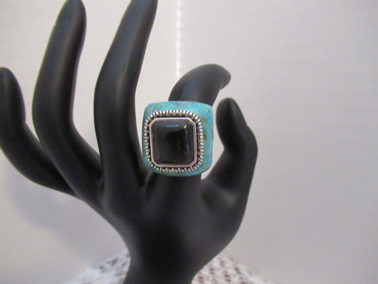 Blue Turquoise & Black Onyx Statement Ring 925 signed Barse