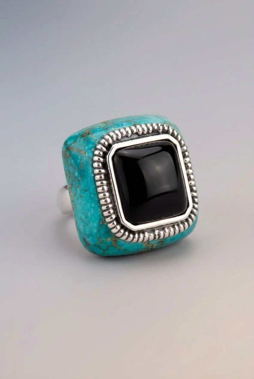 Blue Turquoise & Black Onyx Statement Ring 925 signed Barse