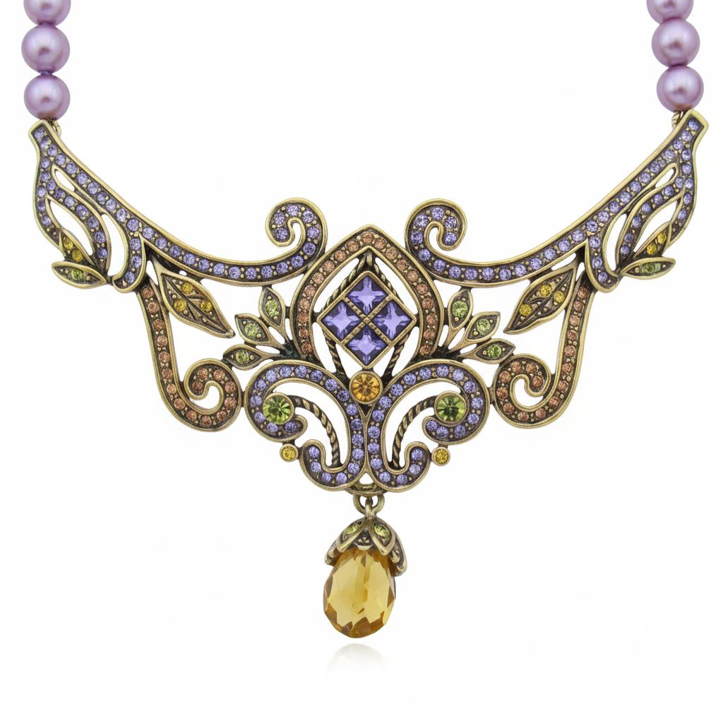Close-up of Heidi Daus scrollwork necklace centerpiece with purple center stone, lavender accents, and amber-tone drop