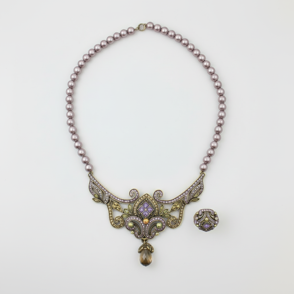 Heidi Daus lavender bead necklace, matching ring, original box, brand card, and warranty card on a clean background