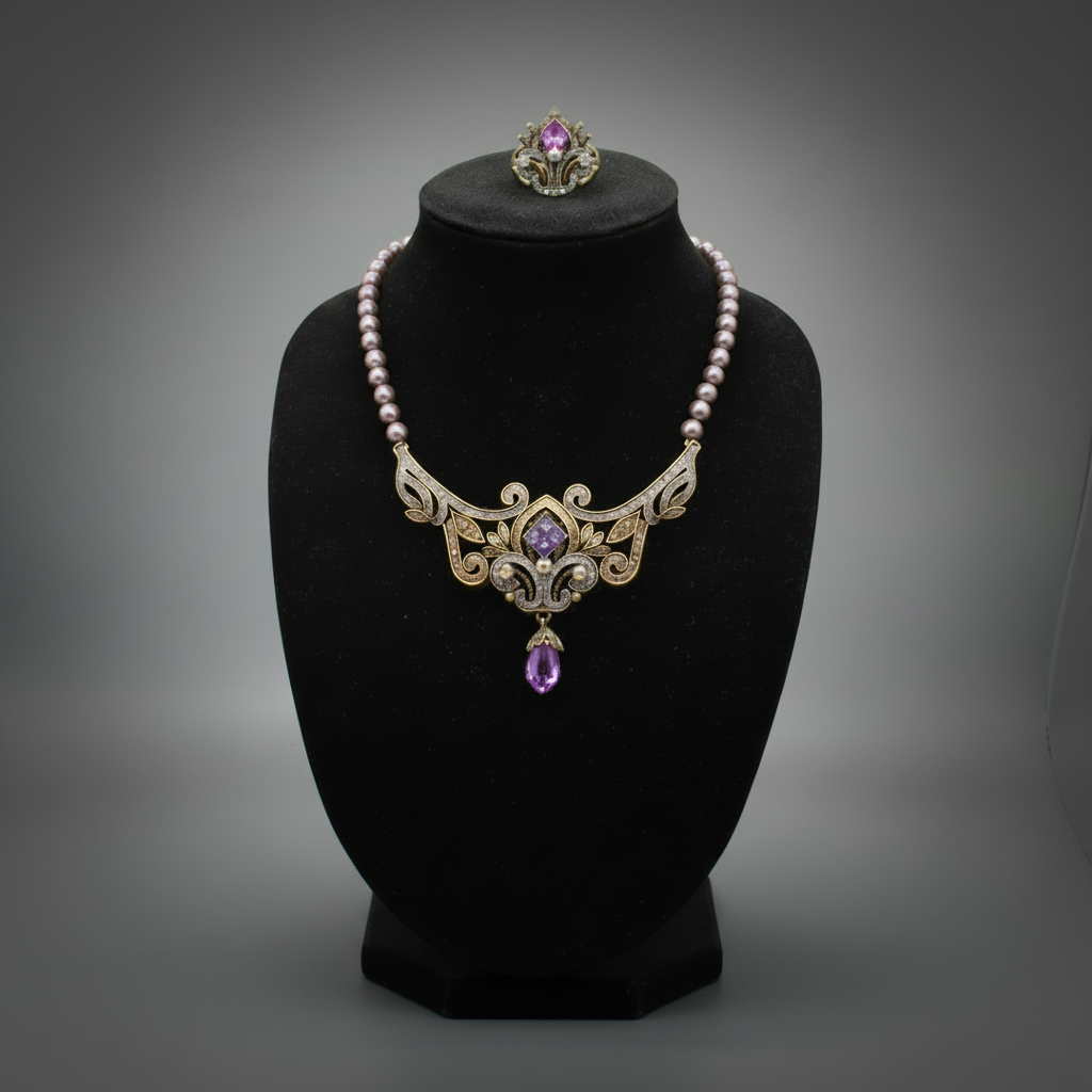 Heidi Daus lavender bead scrollwork necklace with purple center stone and amber-tone drop on a black display